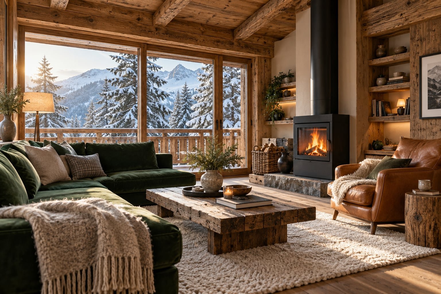 Illustrative timber chalet living room with green sofa and snowy pine tree views