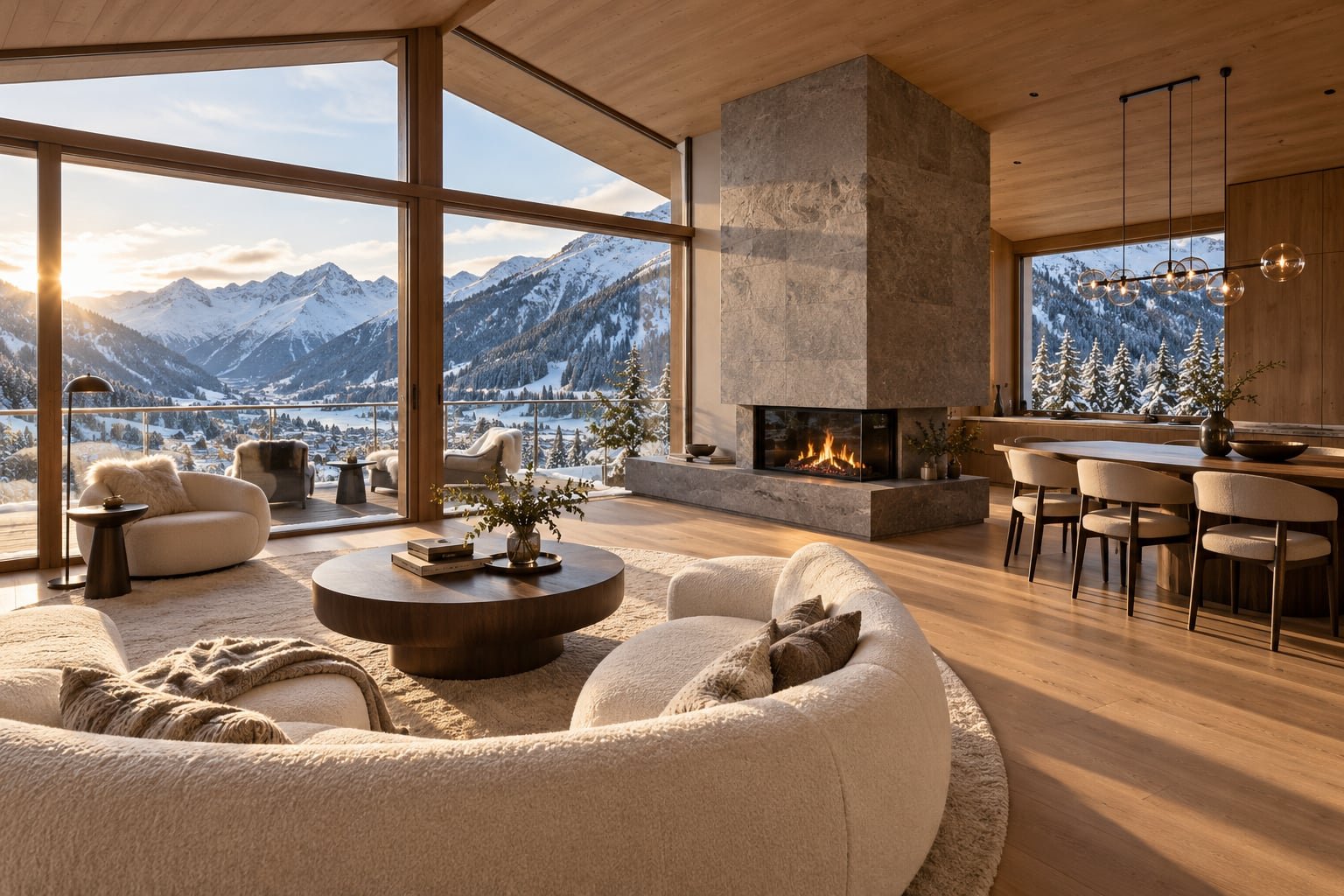 Illustrative contemporary penthouse living room with panoramic winter mountain views